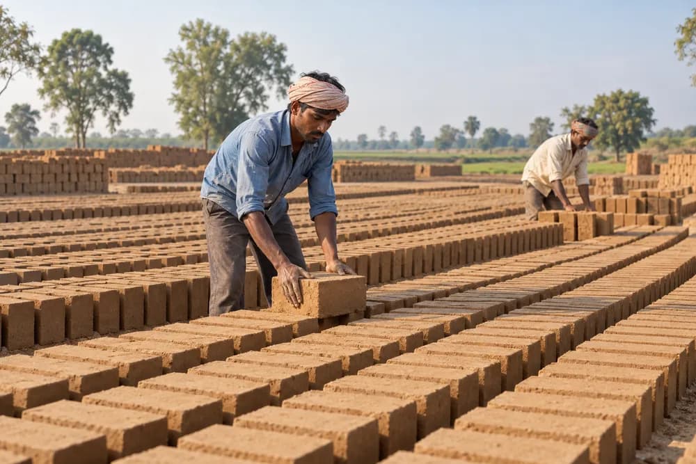 कच्ची ईंटों को व्यवस्थित करते हुए भट्टे की टीम